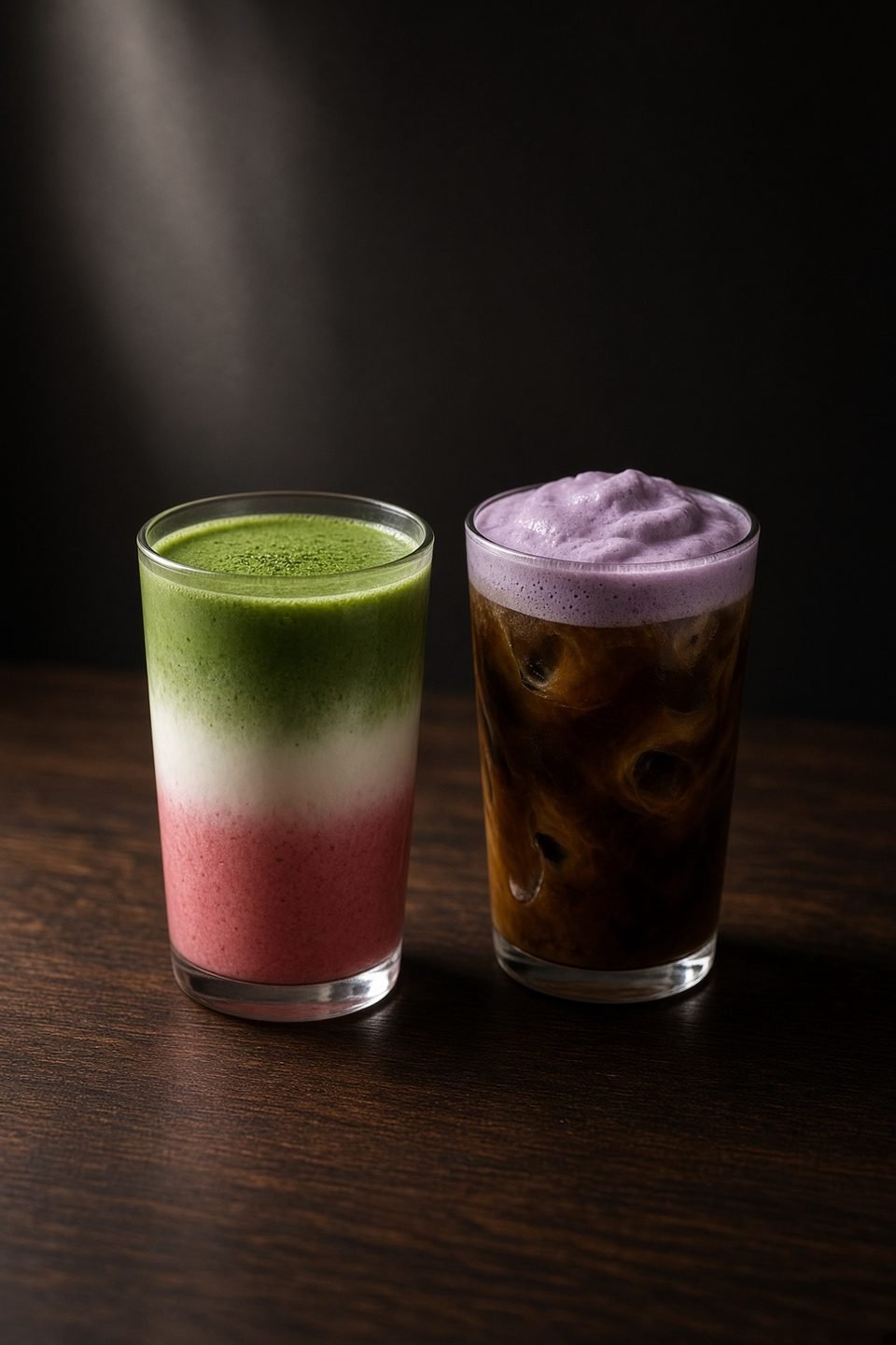 Strawberry matcha layered pink, white and green beside an iced coffee topped with purple ube foam