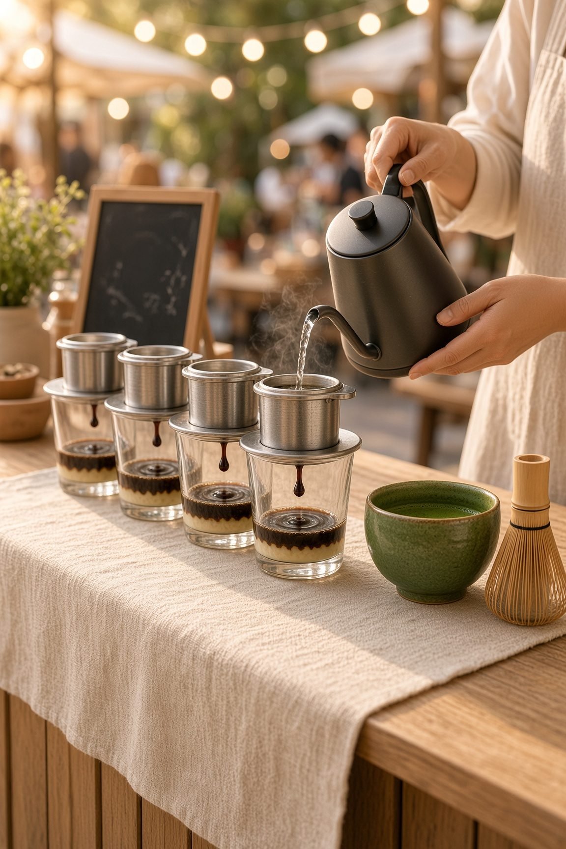 Pop-up counter with four phin filters dripping into glasses of condensed milk, a barista pouring from a gooseneck kettle, and a matcha bowl and whisk